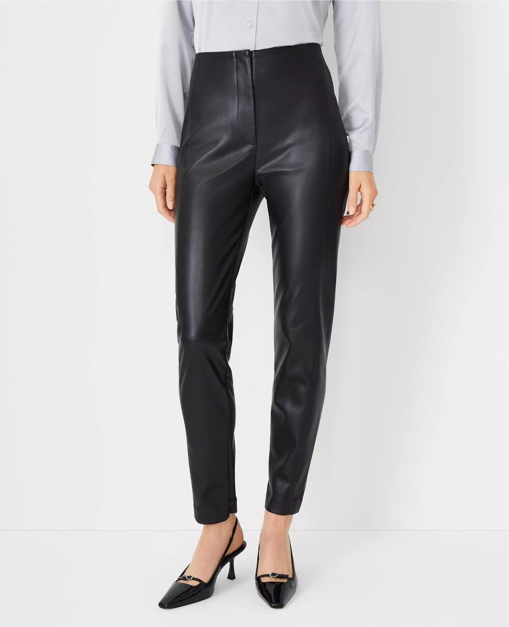 NWT Ann Taylor Sz 0 Black Audrey Faux Leather Coated Slim Fit High Waisted Pants